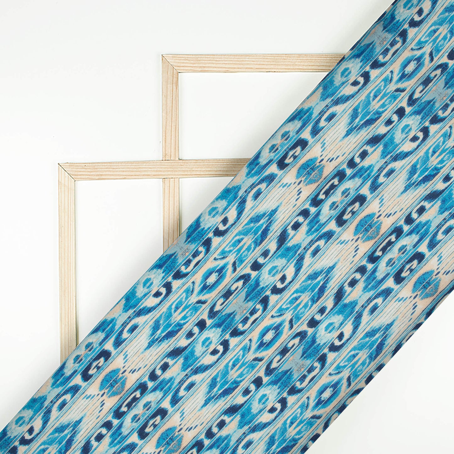 Cerulean Blue And Cream Stripes Pattern Digital Print Linen Textured Fabric (Width 56 Inches)