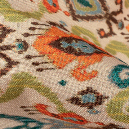 Cream And Moss Green Ethnic Pattern Digital Print Linen Textured Fabric (Width 56 Inches)
