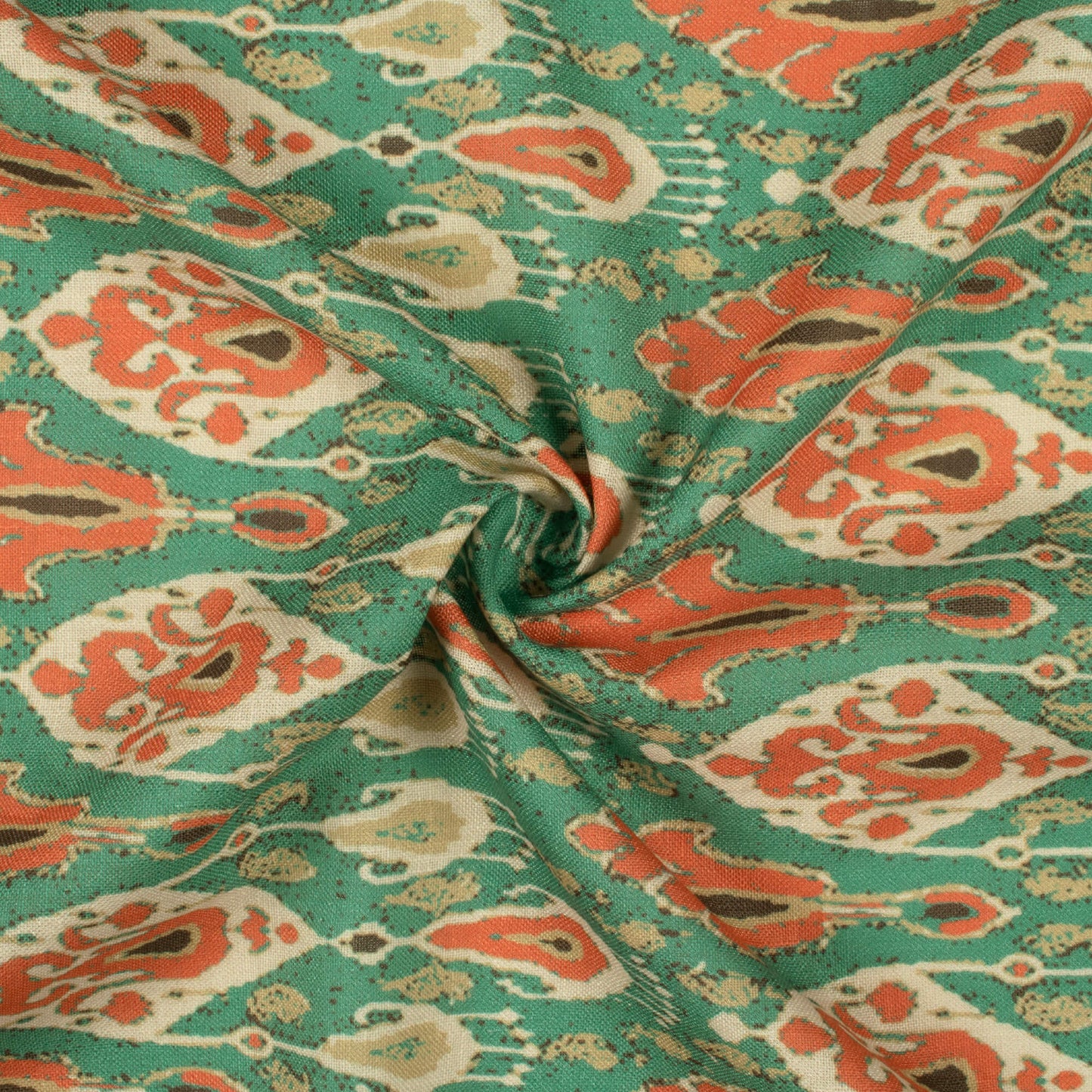 Middle Green And Coral Orange Ethnic Pattern Digital Print Linen Textured Fabric (Width 56 Inches)