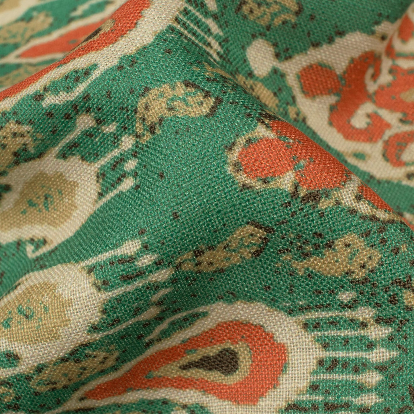 Middle Green And Coral Orange Ethnic Pattern Digital Print Linen Textured Fabric (Width 56 Inches)