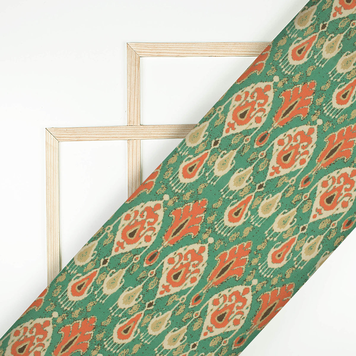 Middle Green And Coral Orange Ethnic Pattern Digital Print Linen Textured Fabric (Width 56 Inches)