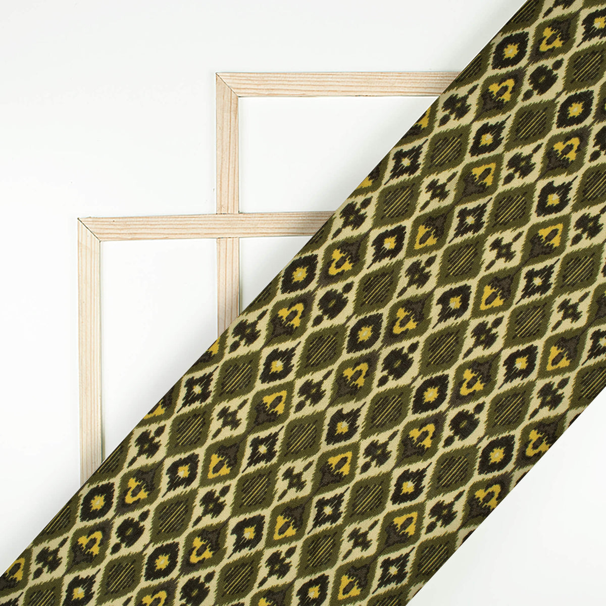 Army Green And Black Geometric Pattern Digital Print Linen Textured Fabric (Width 56 Inches)