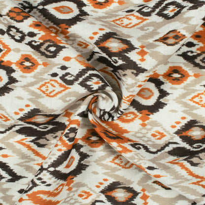 Off White And Burnt Orange Ikkat Pattern Digital Print Linen Textured Fabric (Width 56 Inches)