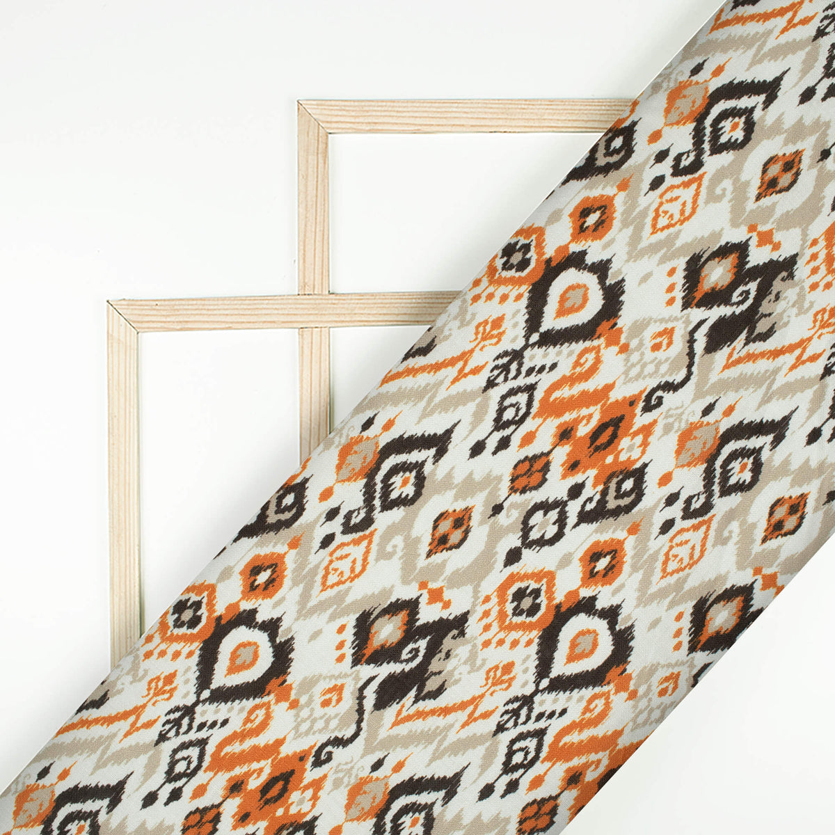 Off White And Burnt Orange Ikkat Pattern Digital Print Linen Textured Fabric (Width 56 Inches)