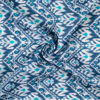 Space Blue And White Ethnic Pattern Digital Print Linen Textured Fabric (Width 56 Inches)
