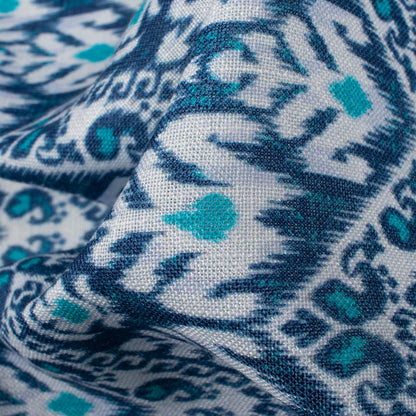 Space Blue And White Ethnic Pattern Digital Print Linen Textured Fabric (Width 56 Inches)