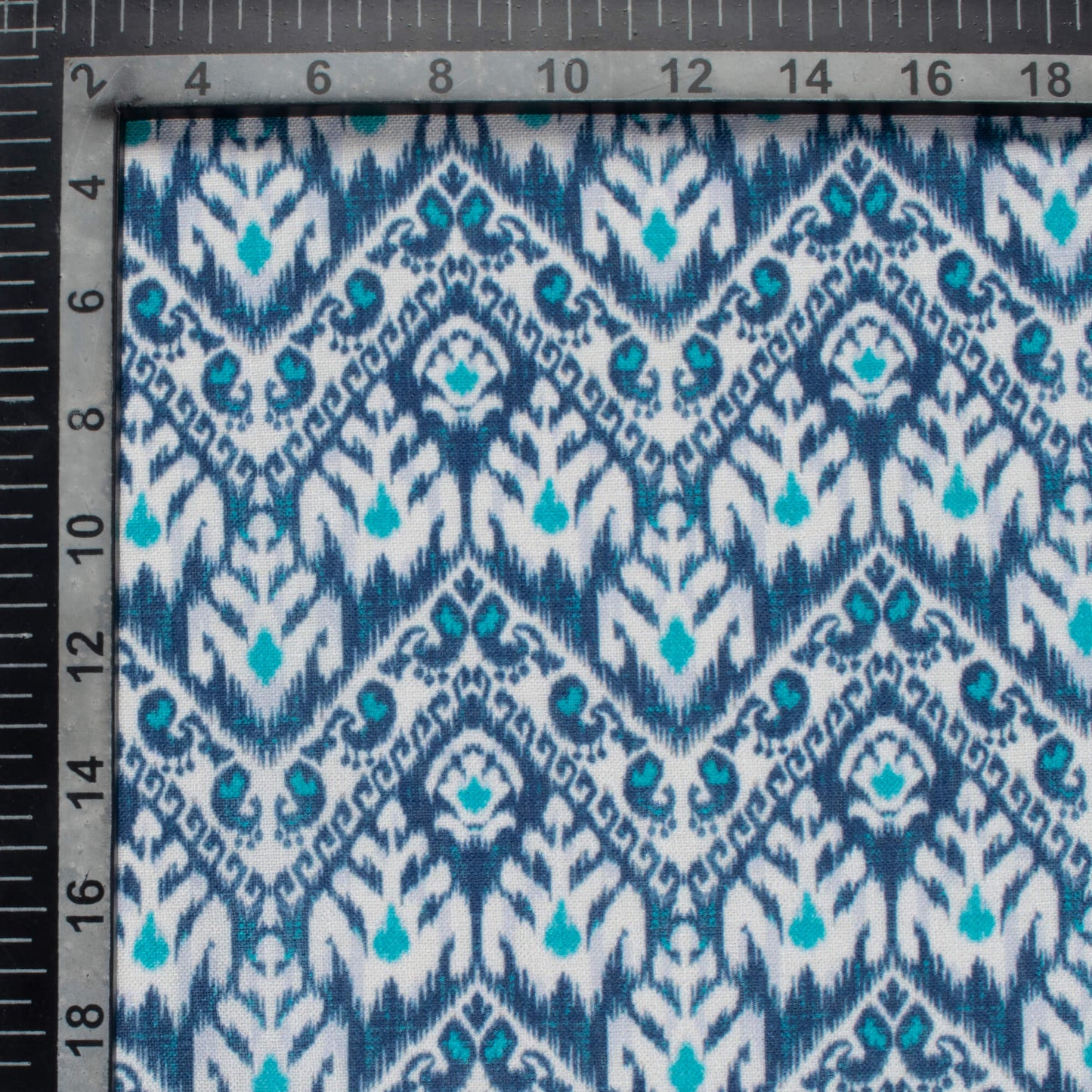 Space Blue And White Ethnic Pattern Digital Print Linen Textured Fabric (Width 56 Inches)