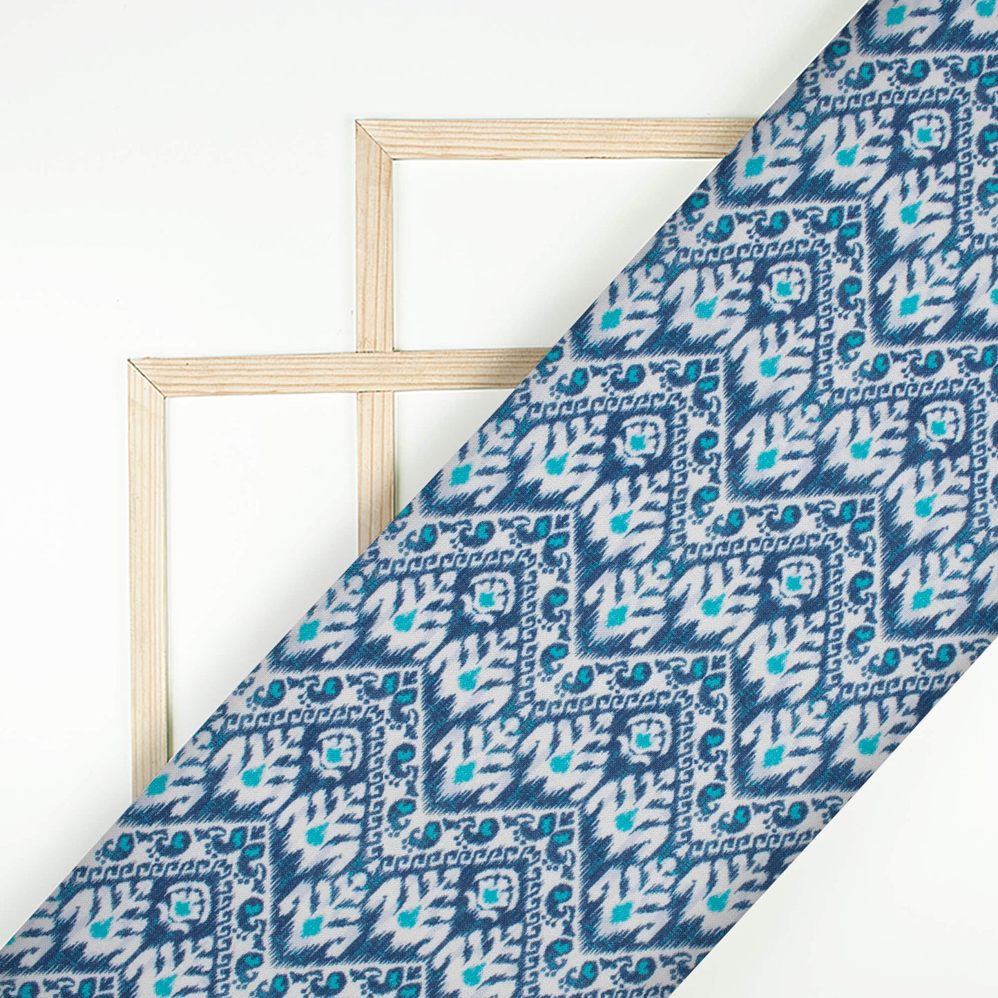 Space Blue And White Ethnic Pattern Digital Print Linen Textured Fabric (Width 56 Inches)