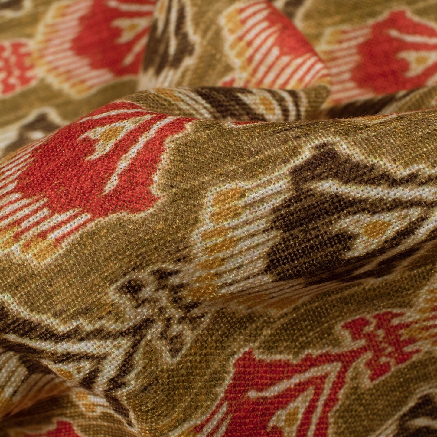 Olive Green And Persian Red Booti Pattern Digital Print Linen Textured Fabric (Width 56 Inches)