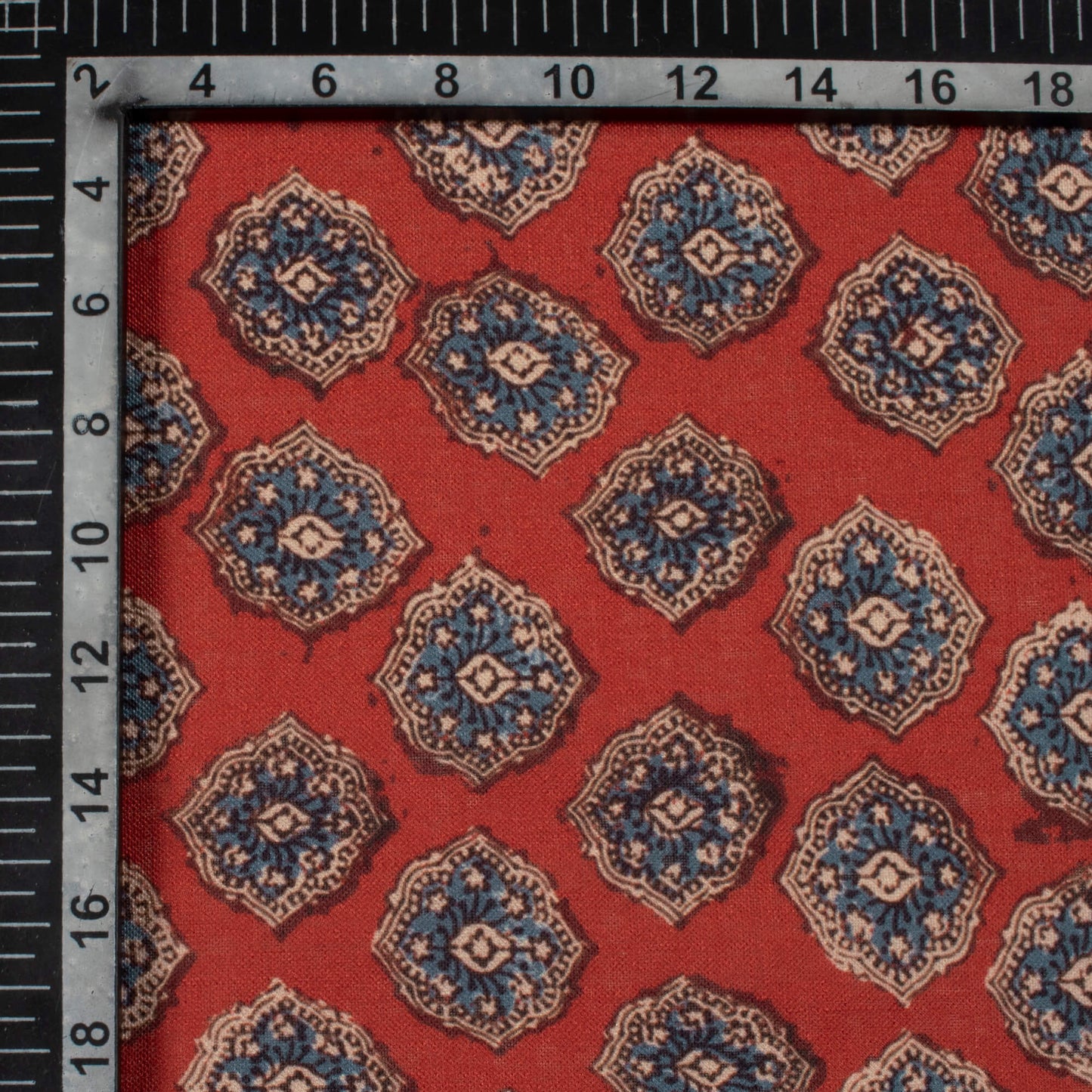 Barn Red And Yale Blue Traditional Pattern Digital Print Linen Textured Fabric (Width 56 Inches)