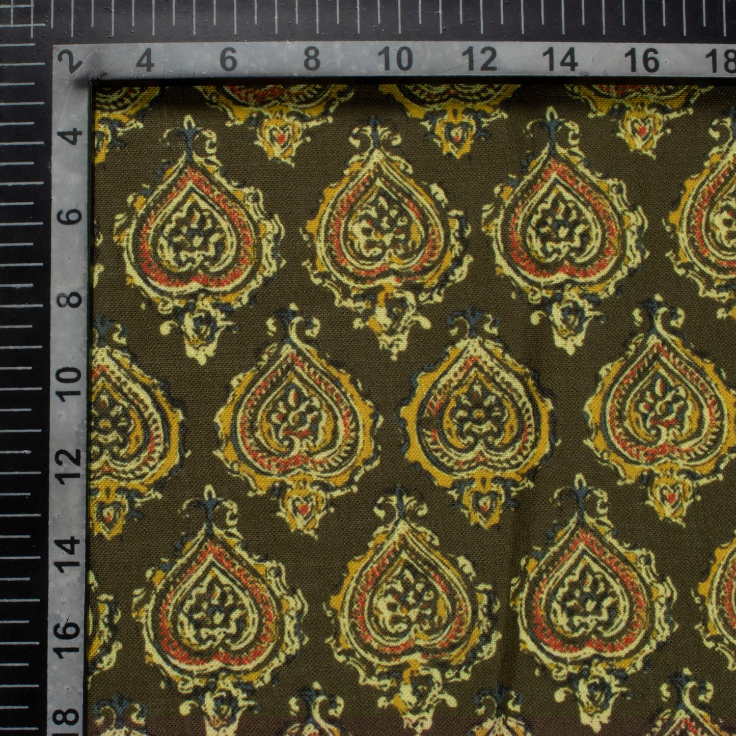 Olive Green And Burnt Orange Leaf Pattern Digital Print Linen Textured Fabric (Width 56 Inches)