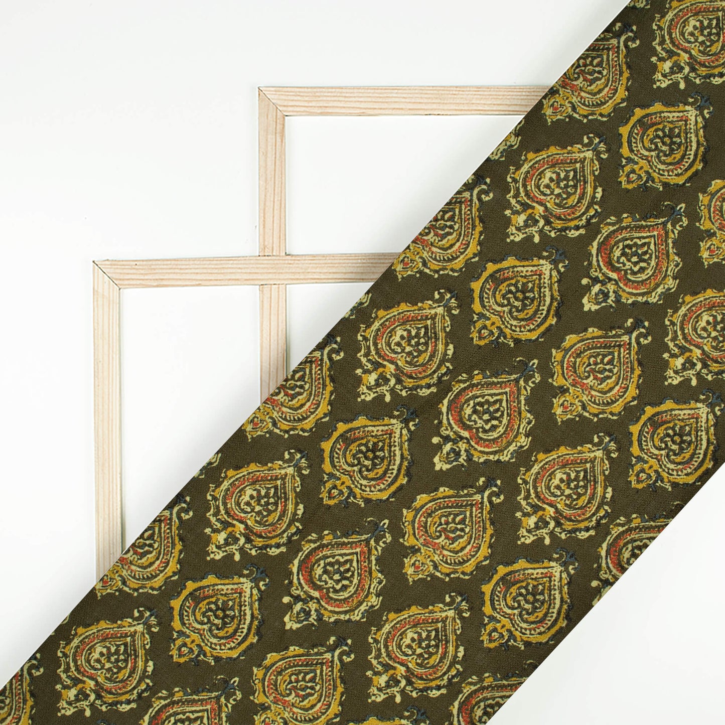 Olive Green And Burnt Orange Leaf Pattern Digital Print Linen Textured Fabric (Width 56 Inches)