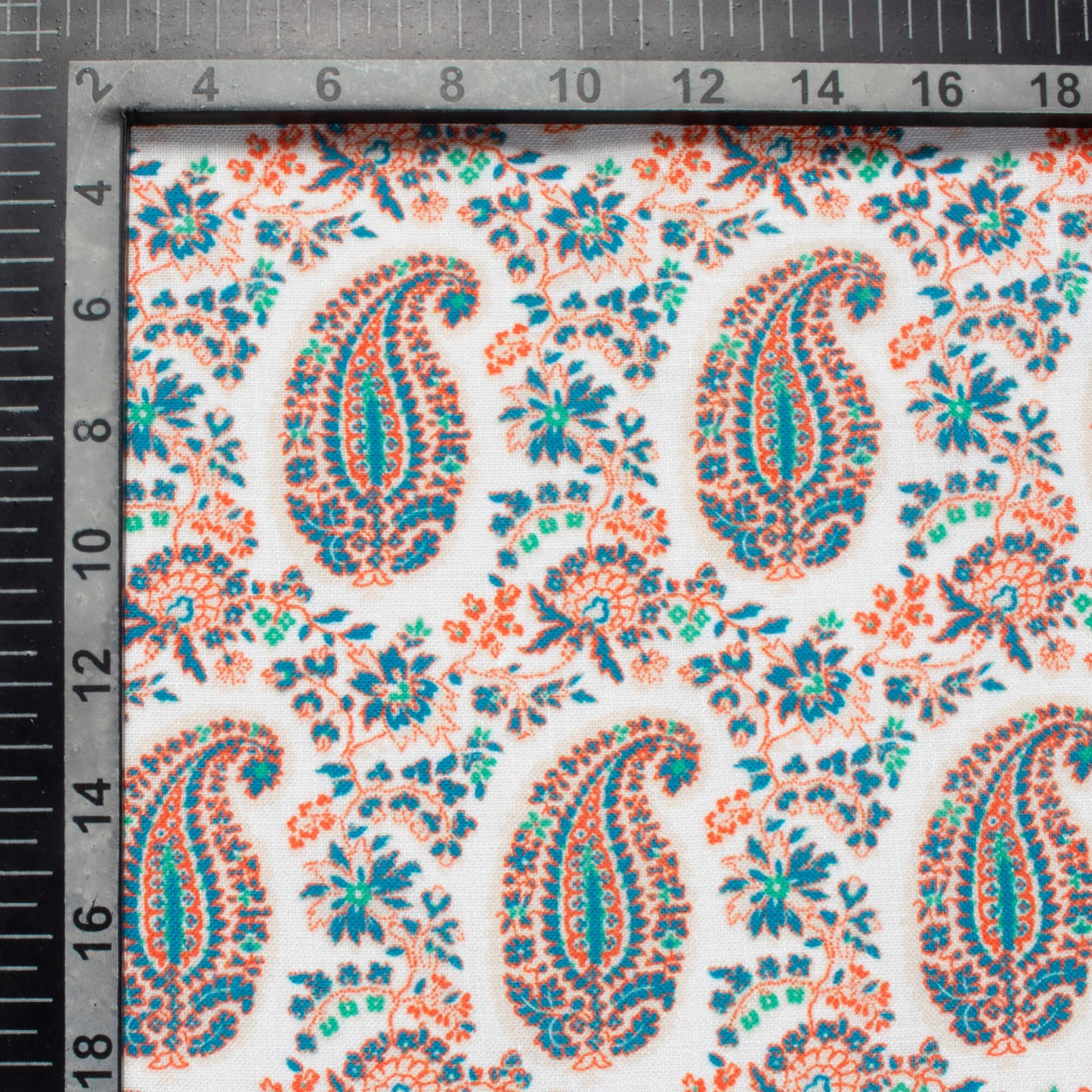 White And Dark Orange Paisley Pattern Digital Print Linen Textured Fabric (Width 56 Inches)