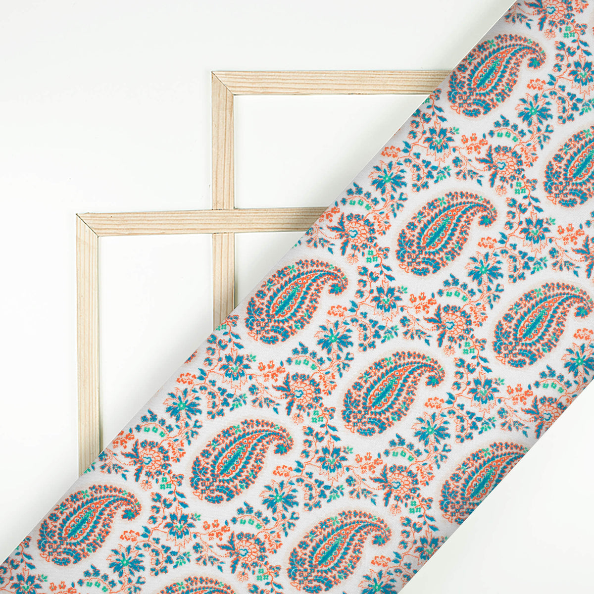White And Dark Orange Paisley Pattern Digital Print Linen Textured Fabric (Width 56 Inches)