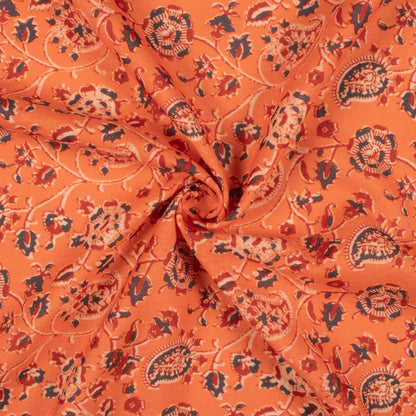 Salamander Orange And Dark Orange Floral Pattern Digital Print Linen Textured Fabric (Width 56 Inches)