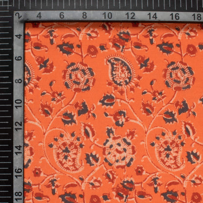 Salamander Orange And Dark Orange Floral Pattern Digital Print Linen Textured Fabric (Width 56 Inches)