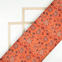 Salamander Orange And Dark Orange Floral Pattern Digital Print Linen Textured Fabric (Width 56 Inches)