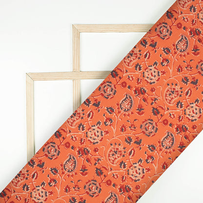Salamander Orange And Dark Orange Floral Pattern Digital Print Linen Textured Fabric (Width 56 Inches)