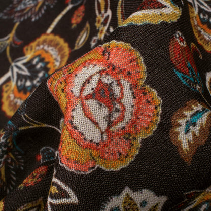 Black And Ochre Yellow Floral Pattern Digital Print Linen Textured Fabric (Width 56 Inches)