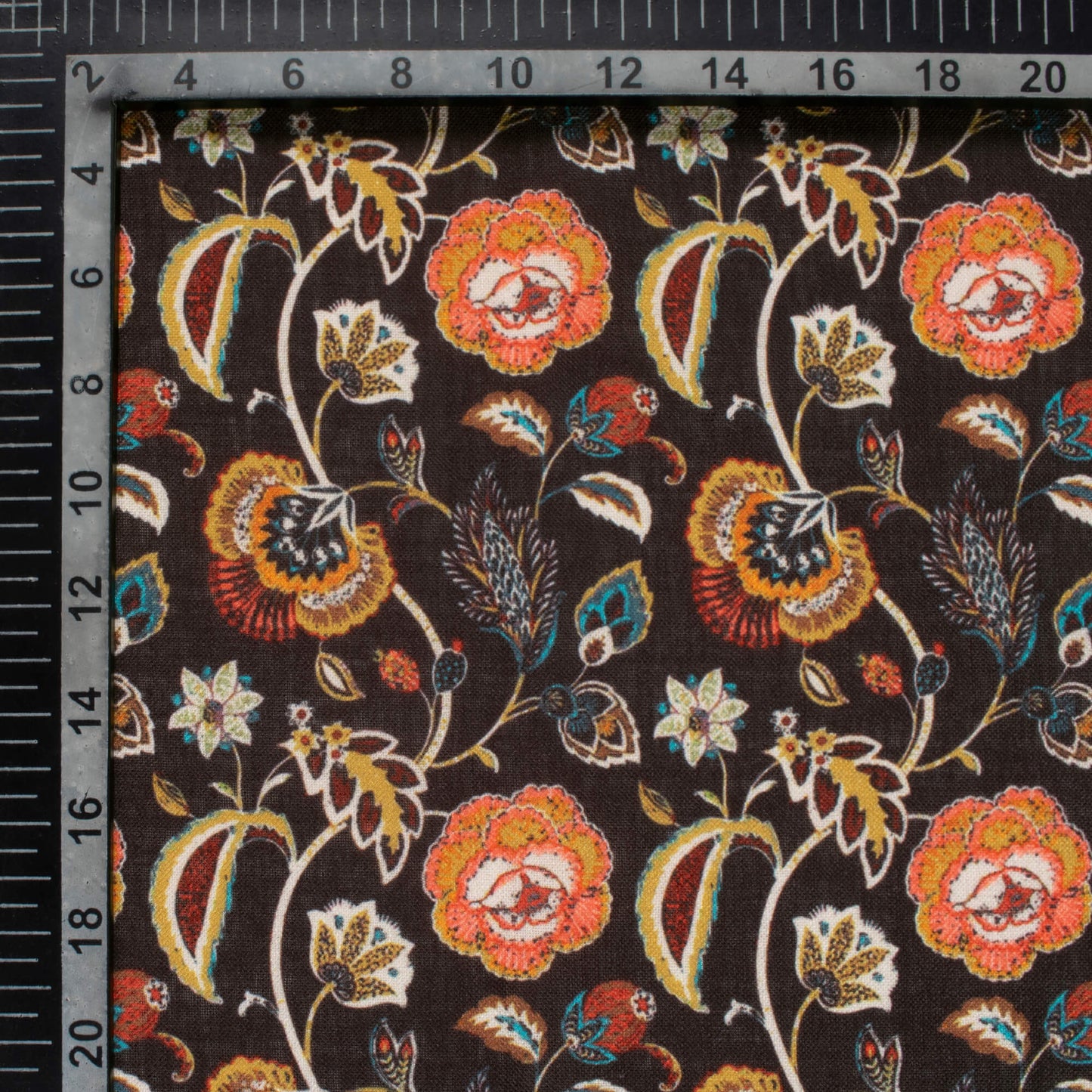 Black And Ochre Yellow Floral Pattern Digital Print Linen Textured Fabric (Width 56 Inches)