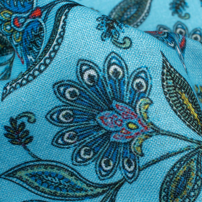 Sky Blue And Green Leaf Pattern Digital Print Linen Textured Fabric (Width 56 Inches)