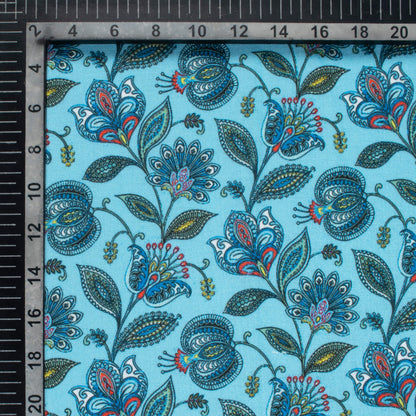 Sky Blue And Green Leaf Pattern Digital Print Linen Textured Fabric (Width 56 Inches)