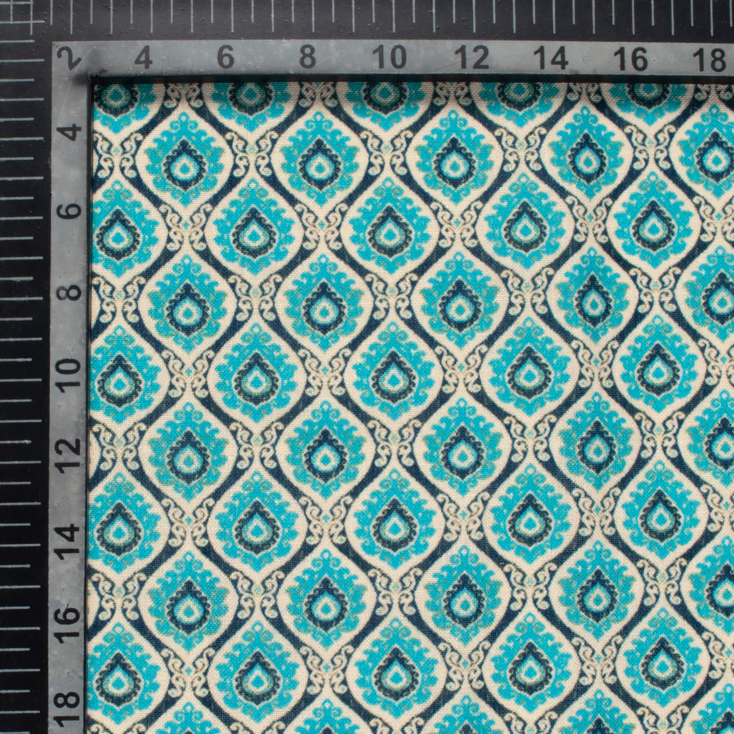 Off White And Sky Blue Trellis Pattern Digital Print Linen Textured Fabric (Width 56 Inches)