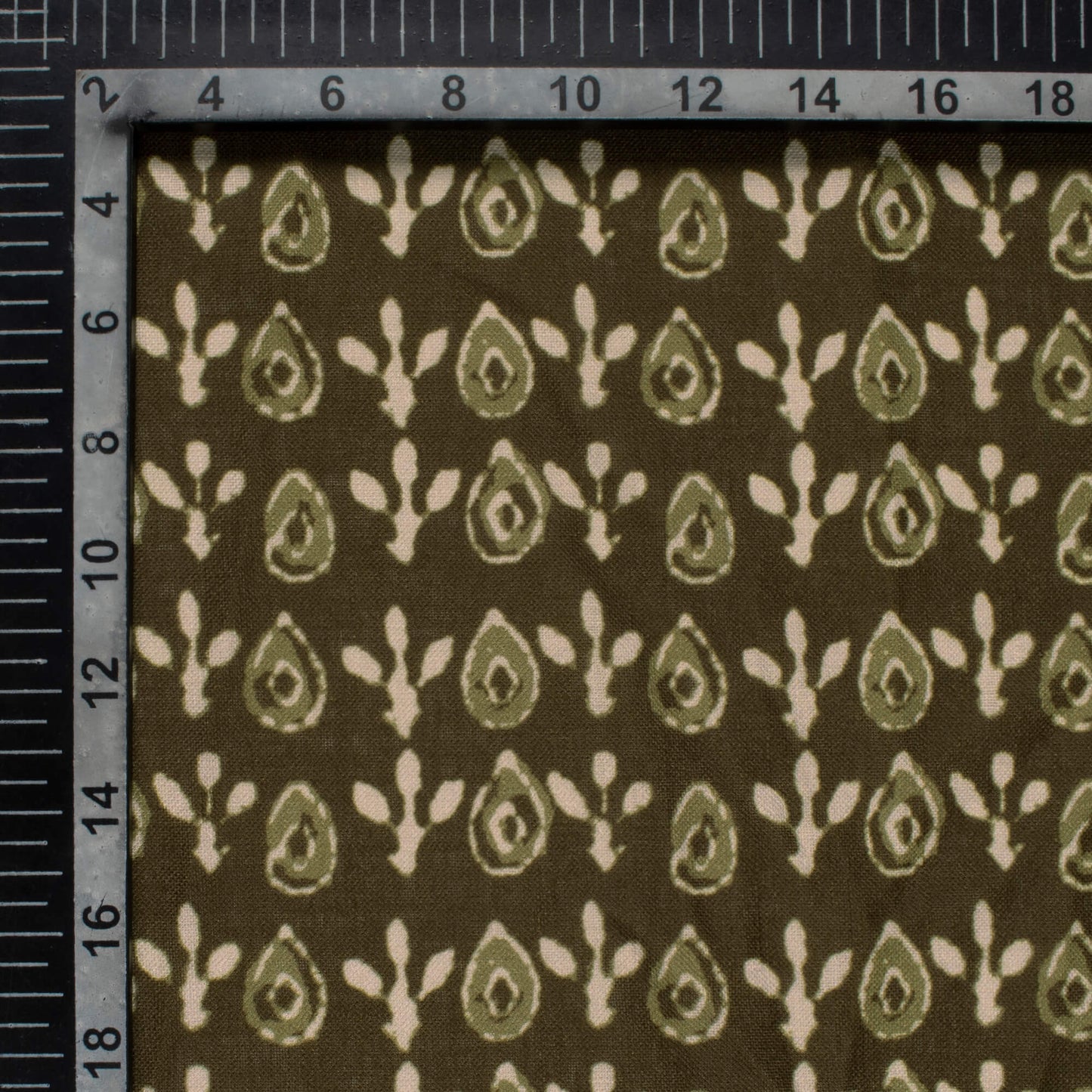 Dark Olive Green And Oat Beige Booti Pattern Digital Print Linen Textured Fabric (Width 56 Inches)