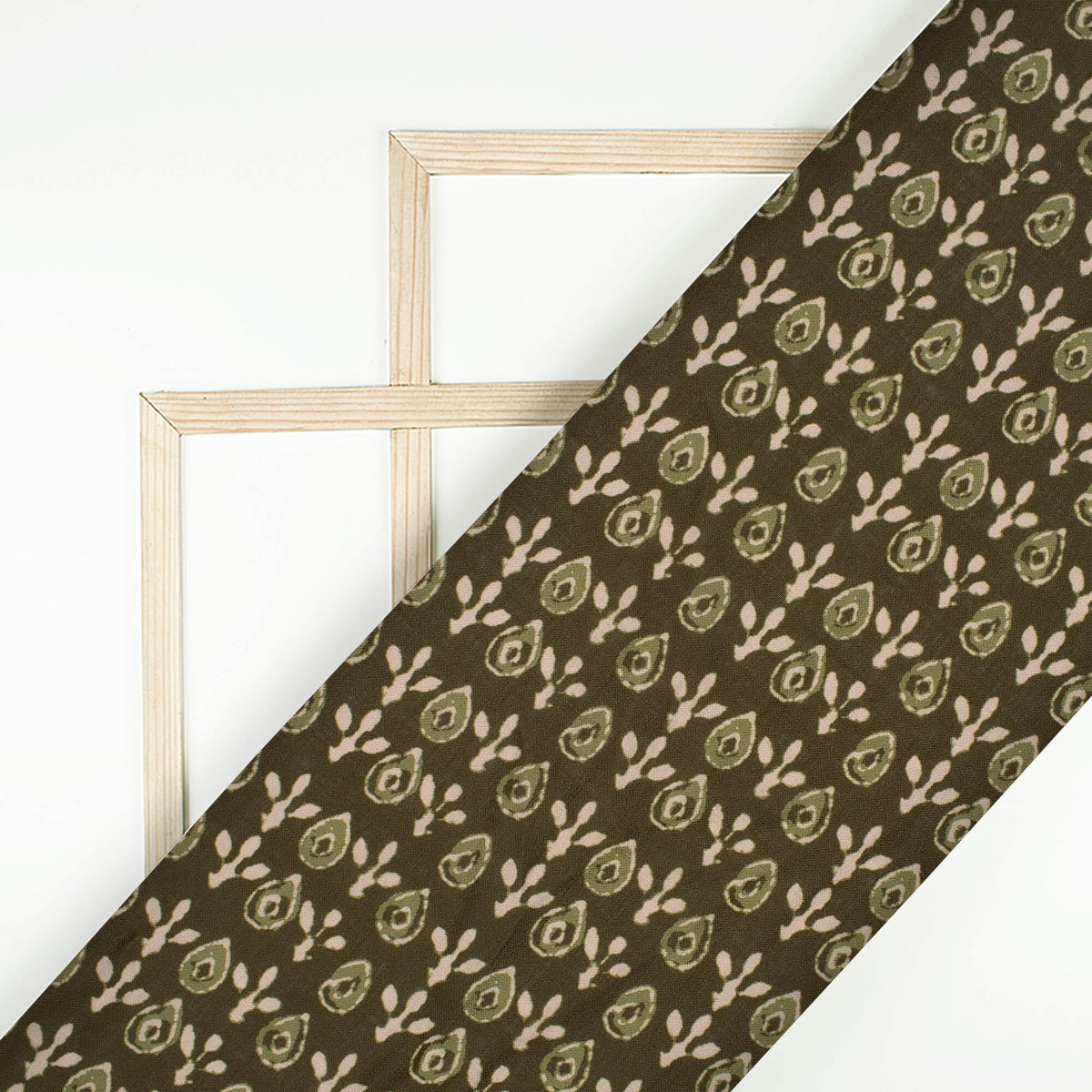 Dark Olive Green And Oat Beige Booti Pattern Digital Print Linen Textured Fabric (Width 56 Inches)