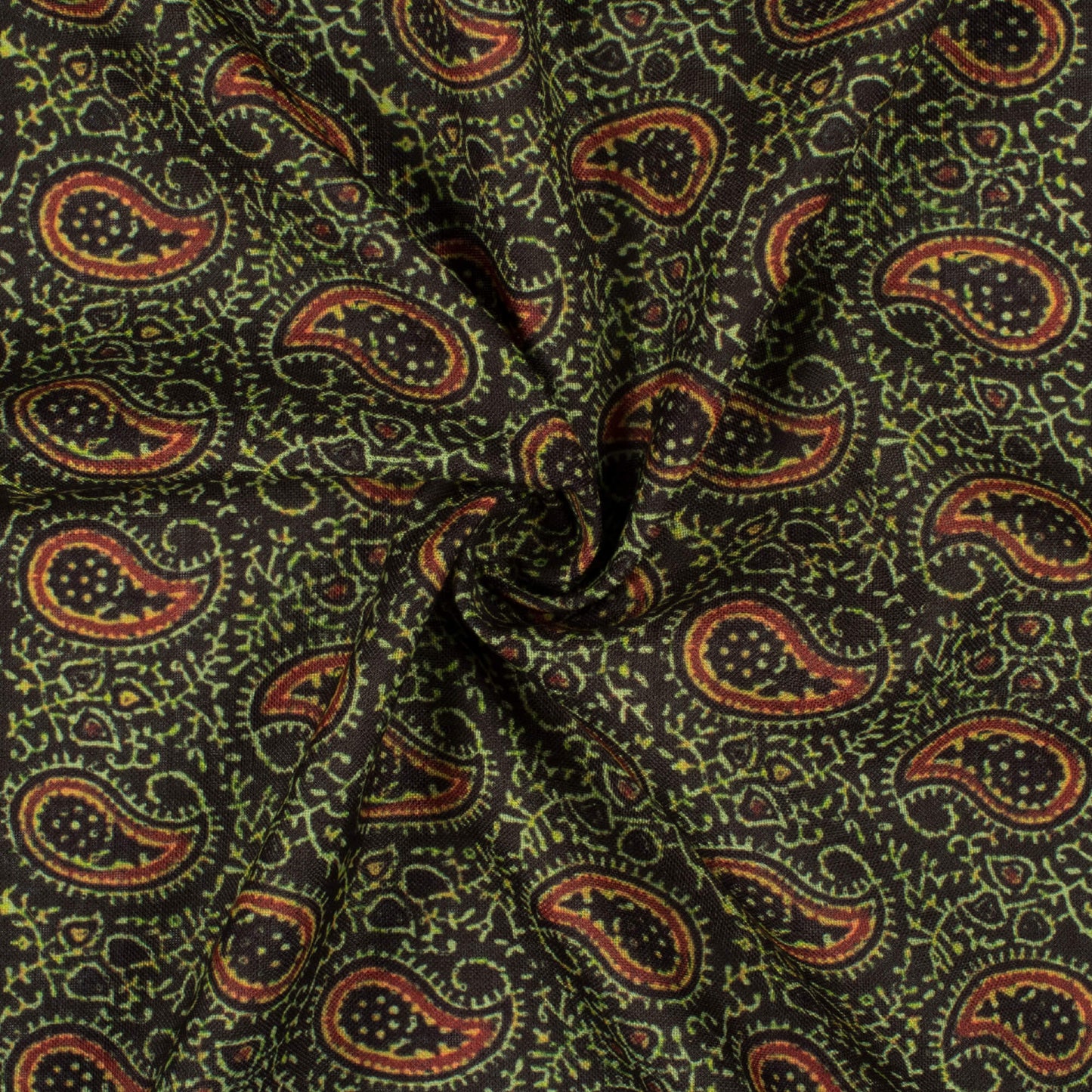 Black And Fern Green Paisley Pattern Digital Print Linen Textured Fabric (Width 56 Inches)