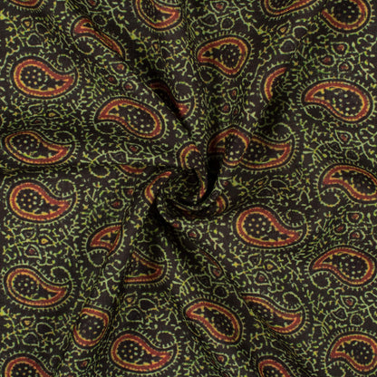 Black And Fern Green Paisley Pattern Digital Print Linen Textured Fabric (Width 56 Inches)