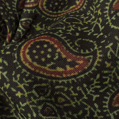 Black And Fern Green Paisley Pattern Digital Print Linen Textured Fabric (Width 56 Inches)