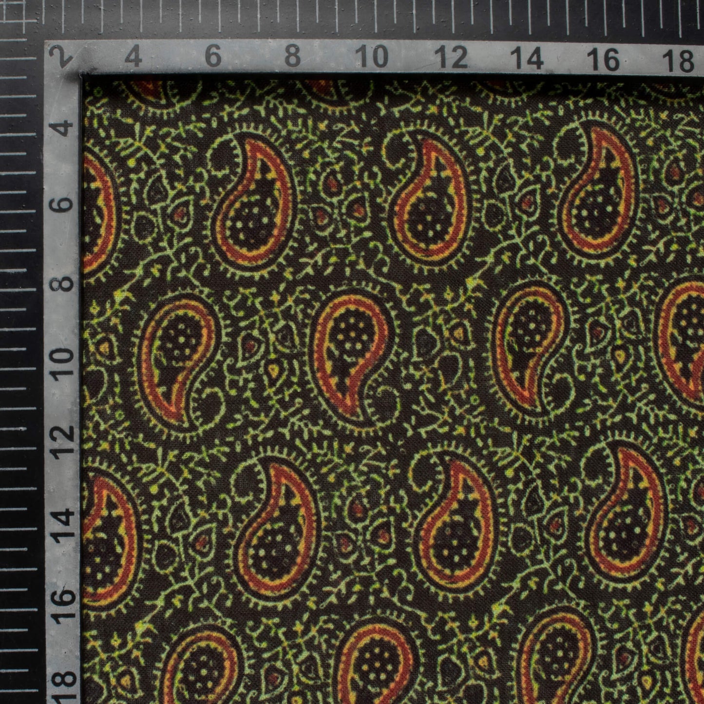 Black And Fern Green Paisley Pattern Digital Print Linen Textured Fabric (Width 56 Inches)
