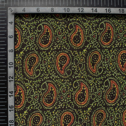 Black And Fern Green Paisley Pattern Digital Print Linen Textured Fabric (Width 56 Inches)