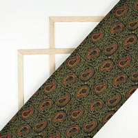 Black And Fern Green Paisley Pattern Digital Print Linen Textured Fabric (Width 56 Inches)