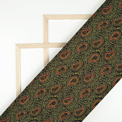 Black And Fern Green Paisley Pattern Digital Print Linen Textured Fabric (Width 56 Inches)