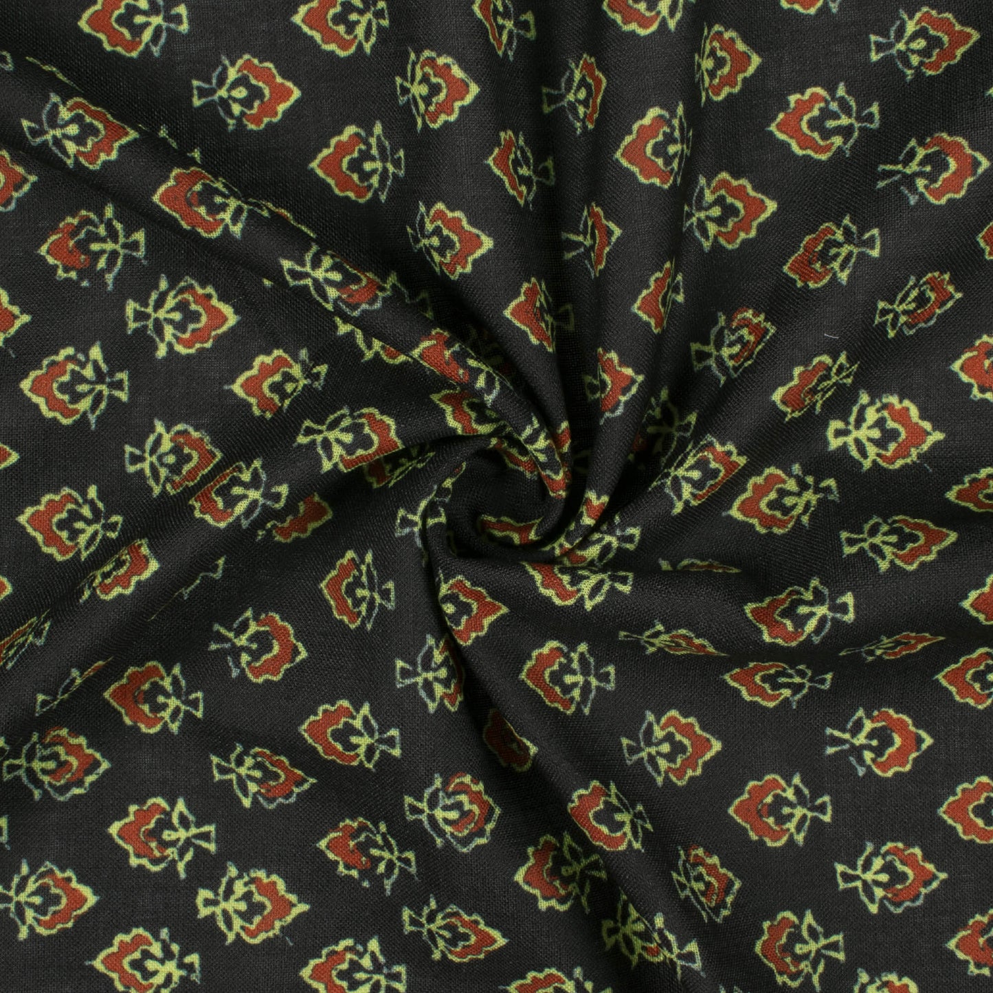 Dark Green And Red Ajrakh Pattern Digital Print Linen Textured Fabric (Width 56 Inches)