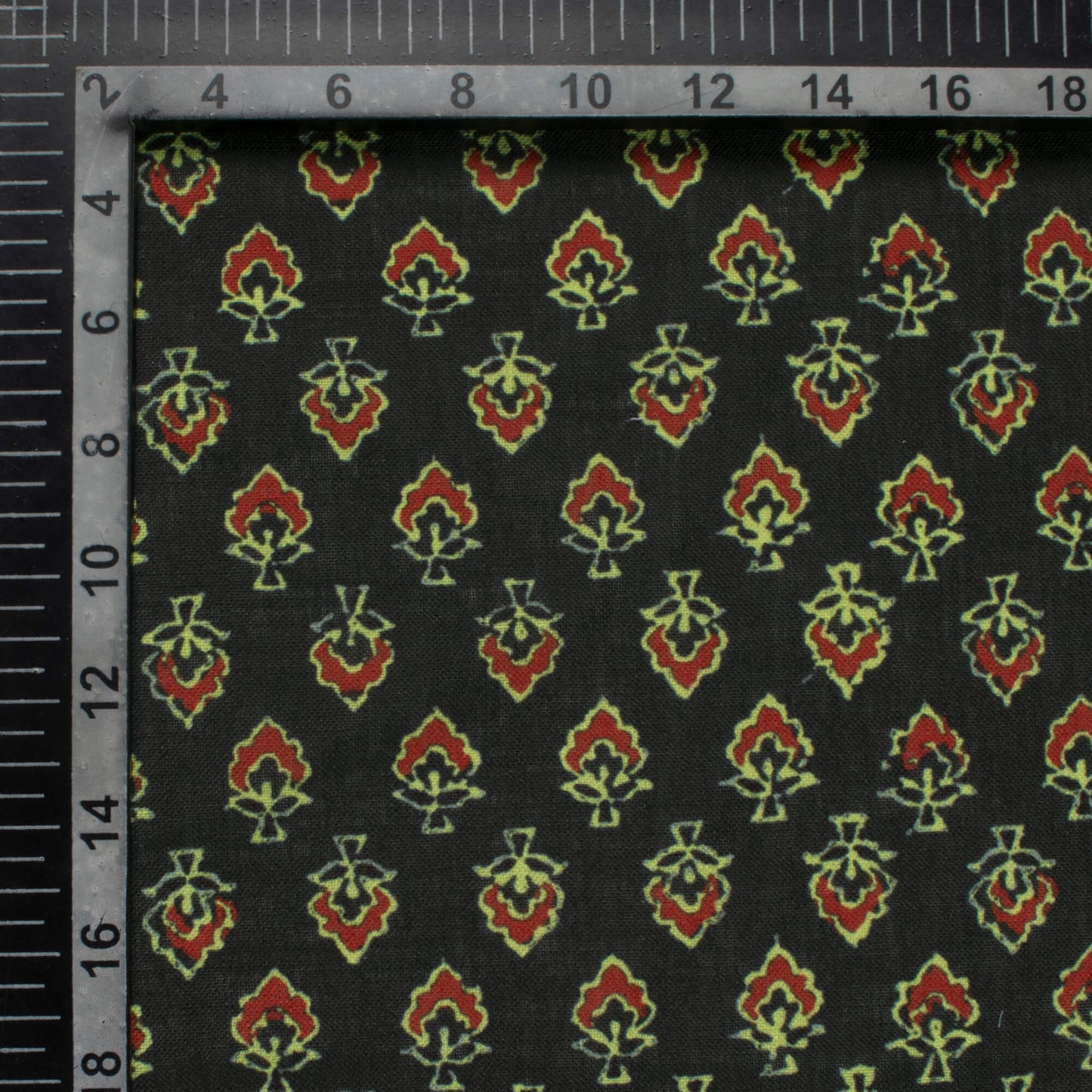 Dark Green And Red Ajrakh Pattern Digital Print Linen Textured Fabric (Width 56 Inches)