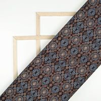 Pigeon Blue And Maroon Ajrakh Pattern Digital Print Linen Textured Fabric (Width 56 Inches)