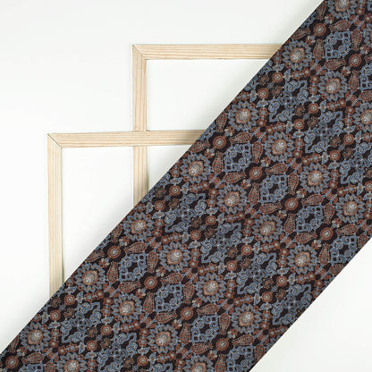 Pigeon Blue And Maroon Ajrakh Pattern Digital Print Linen Textured Fabric (Width 56 Inches)