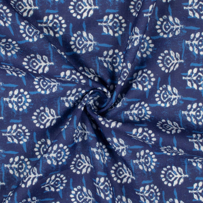 Blue And White Indiigo Pattern Digital Print Linen Textured Fabric (Width 56 Inches)