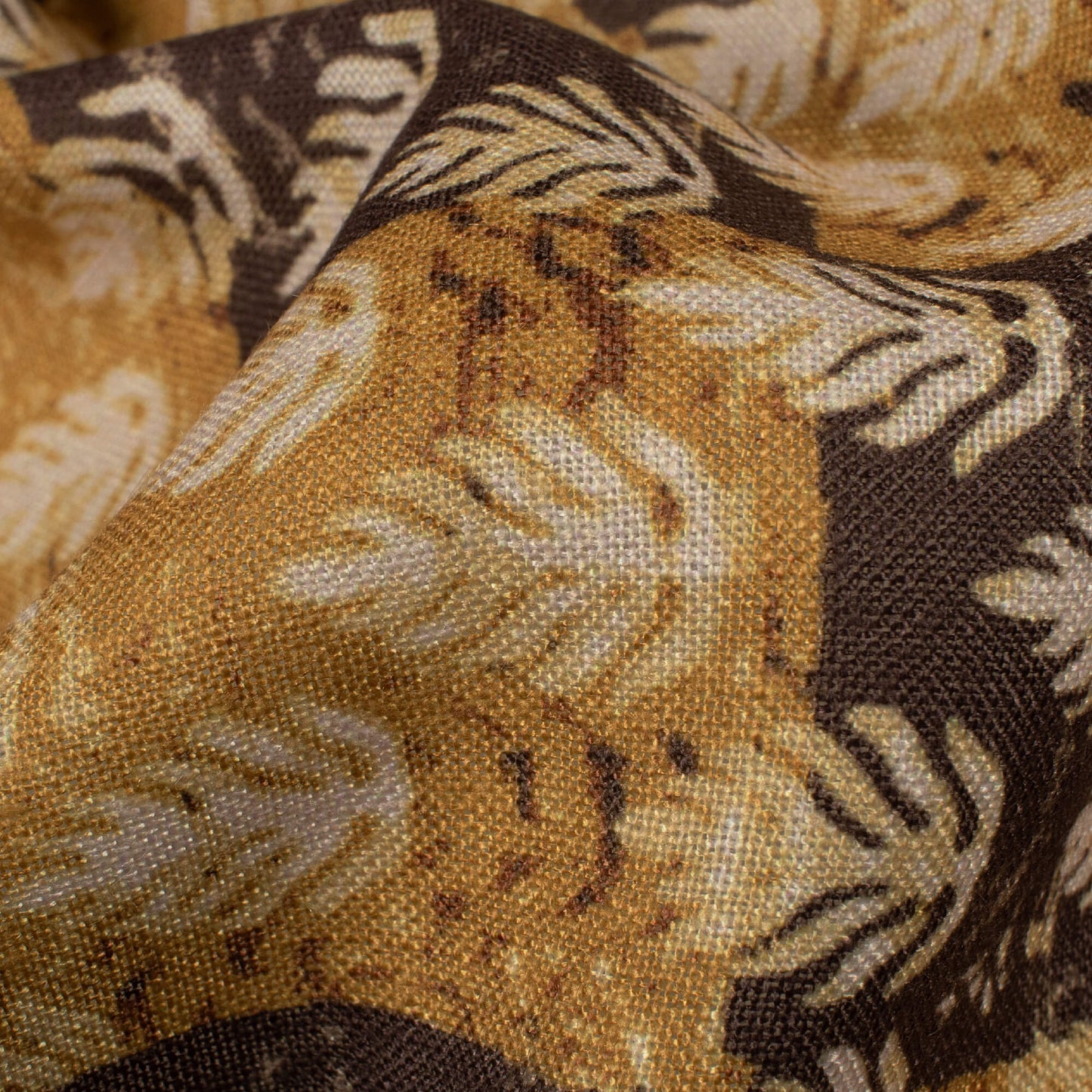 Ochre Yellow And Black Leaf Pattern Digital Print Linen Textured Fabric (Width 56 Inches)