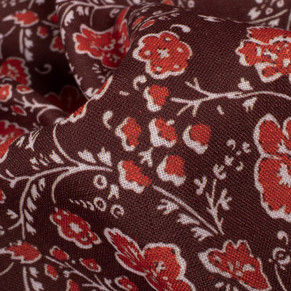 Maroon And Persian Red Floral Pattern Digital Print Linen Textured Fabric (Width 56 Inches)