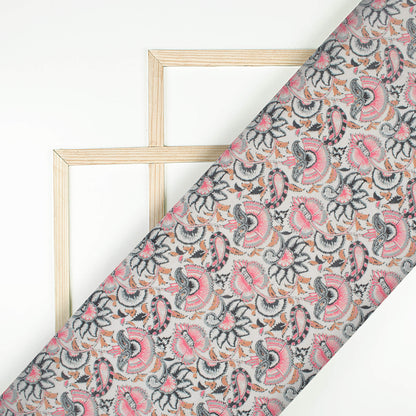 Taffy Pink And Green Floral Pattern Digital Print Linen Textured Fabric (Width 56 Inches)