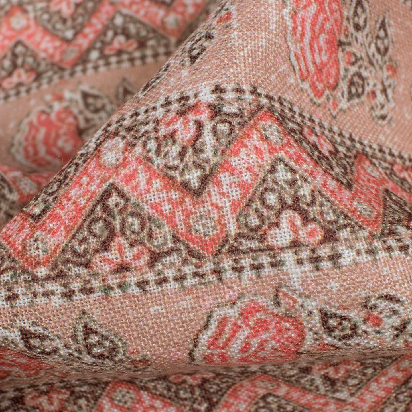 Peach And Desire Red Floral Pattern Digital Print Linen Textured Fabric (Width 56 Inches)