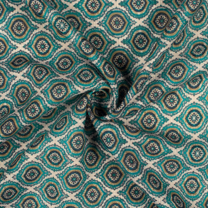 Teal Green And Off White Trellis Pattern Digital Print Linen Textured Fabric (Width 56 Inches)