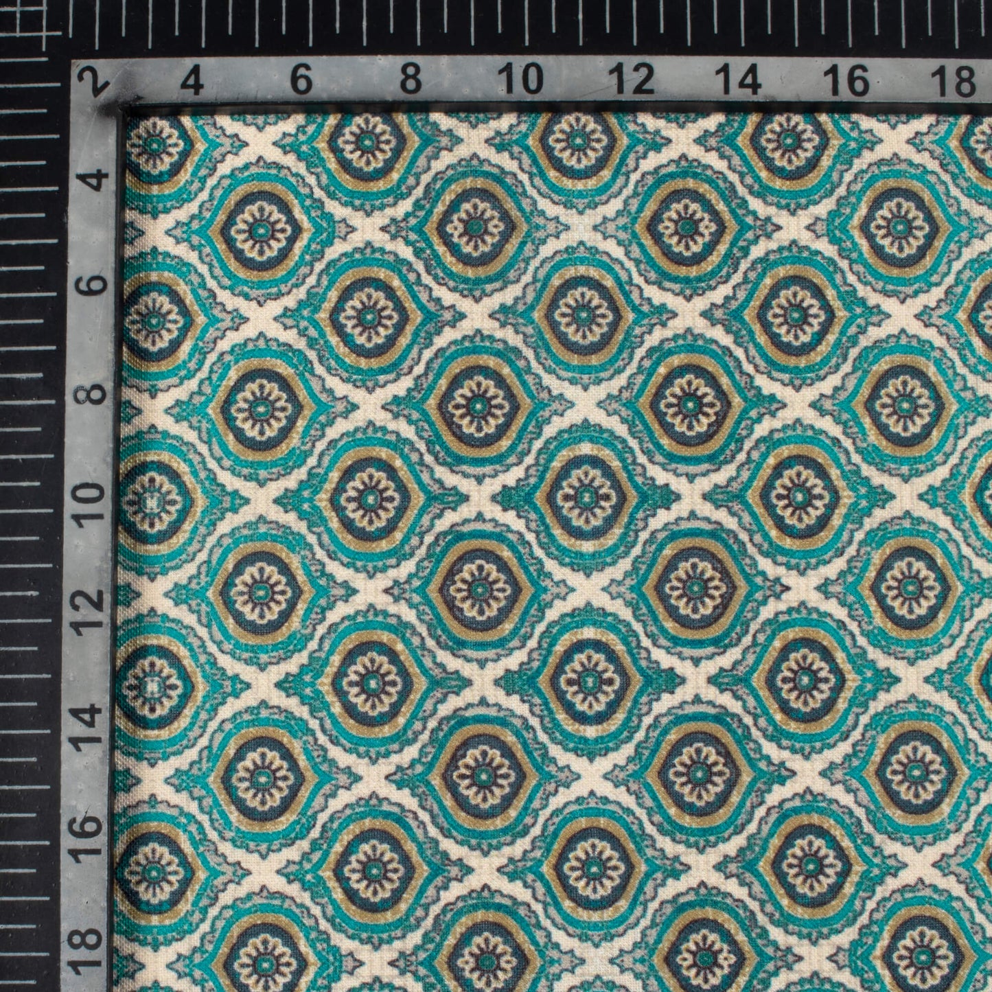 Teal Green And Off White Trellis Pattern Digital Print Linen Textured Fabric (Width 56 Inches)