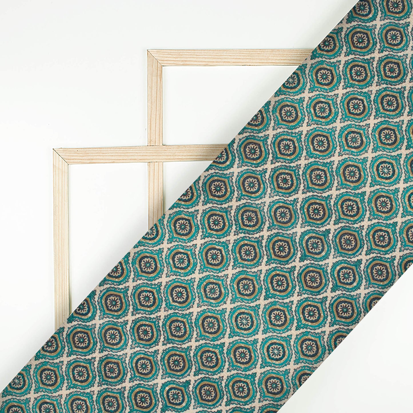 Teal Green And Off White Trellis Pattern Digital Print Linen Textured Fabric (Width 56 Inches)