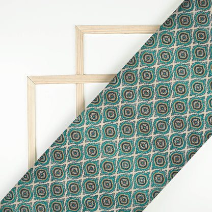 Teal Green And Off White Trellis Pattern Digital Print Linen Textured Fabric (Width 56 Inches)