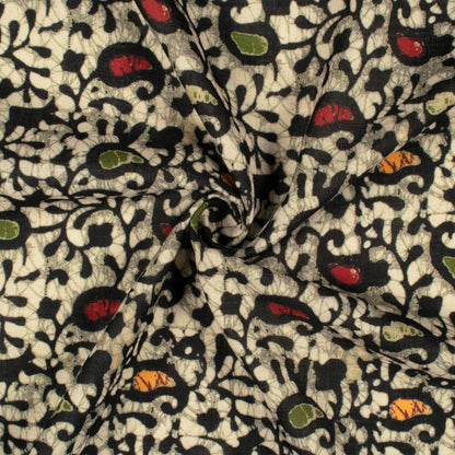 Moss Green And Black Paisley Pattern Digital Print Linen Textured Fabric (Width 56 Inches)